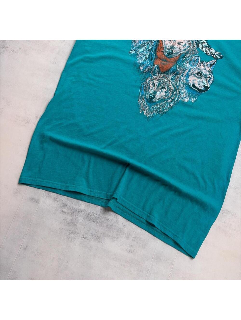Vintage Teal Wolf Nature Graphic T-Shirt - Picture 4 of 8